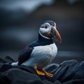 Atlantic puffin on black rocks. natural background. Royalty Free Stock Photo