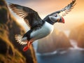 Atlantic Puffin flying low above water Royalty Free Stock Photo