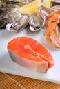 Atlantic salmon cutlet with crab and oysters Royalty Free Stock Photo