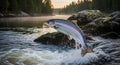 Atlantic salmon jumping high from clear river water in morning Royalty Free Stock Photo