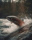 Atlantic salmon jumping out of a rushing river in a forested landscape Royalty Free Stock Photo