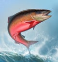 Atlantic salmon or pink salmon background on waves realismc illustration