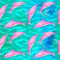 Atlantic Spotted dolphin in pink color palette, hand painted watercolor illustration, seamless pattern on blue, green ocean surfac