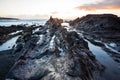 Atlantic sunset over Canary Island. Sea wave breaking against coast rock in sunset time Royalty Free Stock Photo