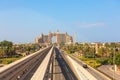 Atlantis hotel view from monorail train on man-made island Palm Jumeirah in Dubai