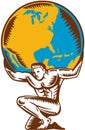 Atlas Lifting Globe Kneeling Woodcut