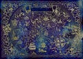 Atlas map of unknown world with fantasy creatures, pirate ship, compass on blue texture