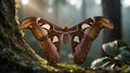 Atlas moth with massive patterned wings resting on mossy tree in morning light, rare giant moth of tropical rainforest. Royalty Free Stock Photo