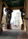 Atlas statues at the portico entrance of the Hermitage Museum, St. Petersburg, Russia