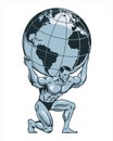 Atlas or titan kneeling carrying lifting globe world earth on his back. Bodybuilder. Vector illustration