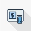 ATM, banking, dollar cash, card money, finance thin line flat color icon. Linear vector symbol. Colorful long shadow