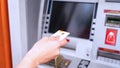 Atm cash machine. Money bank credit card holding hand. Withdraw money cash from atm. Money dollar, bank credit card. Royalty Free Stock Photo