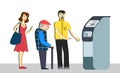 Queue at the ATM.Disgruntled people are standing in line for an isolated background.Senior man in queue. terminal machine bank.wit Royalty Free Stock Photo