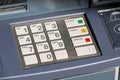 ATM keyboard with plastic buttons for pin code entry with numbers and letters. Side view. Close up