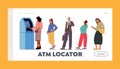 Atm Locator Landing Page Template. People Automated Teller Machine Line. Clients Characters Stand in Queue in Bank