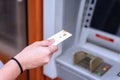 Atm machine cash. Money bank credit card holding hand. Withdraw money cash from atm. Bank credit card withdraw dollar Royalty Free Stock Photo