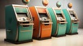 ATM money machine and money cash of of colorful at subway station, abstract blur background