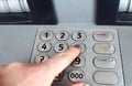 Female hand dials at an ATM pin code to get money Royalty Free Stock Photo