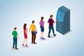 Atm queue concept with people men and woman queueing witdraw cash money with modern flat style and isometric 3d - vector