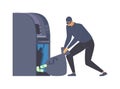 ATM robbery, larceny flat vector illustration. Dangerous burglar with money bag, criminal in disguise cartoon character