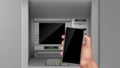 Atm and smartphone in hand. Bank finance terminal