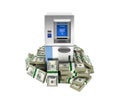 ATM surrounded by 100 dollar bankrolls Bank Cash Machine in pile of money american dollar bills isolated on white background 3d Royalty Free Stock Photo