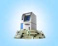 ATM surrounded by 100 dollar bankrolls Bank Cash Machine in pile of money american dollar bills isolated on blue gradient Royalty Free Stock Photo