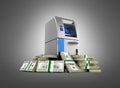 ATM surrounded by 100 dollar bankrolls Bank Cash Machine in pile of money american dollar bills isolated on dark gradient Royalty Free Stock Photo