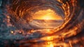 Atmosphere of amber as a tornado emerges from the ocean at sunset