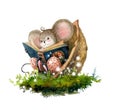 Atmosphere Hygge. A small mouse reads fairy tales, sitting in a walnut shell, a moss rug, a magical atmosphere. Watercolor