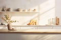 The atmosphere of a modern kitchen is reflected in the layout that combines a luxurious sink with shelves displaying well- Royalty Free Stock Photo