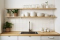 The atmosphere of a modern kitchen is reflected in the layout that combines a luxurious sink with shelves displaying well- Royalty Free Stock Photo