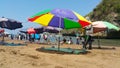 The atmosphere of a sandy beach, traditional fishing boats and reefs at Baron Beach, Gunungkidul, Yogyakarta in the morning