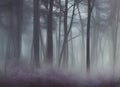 atmospheric abstract paining of a mysterious winter forest with trees shrouded in mist and frozen ground. generative ai