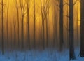 atmospheric abstract paining of a mysterious winter forest with trees shrouded in mist and frozen ground with orange dawn light.