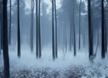 atmospheric abstract paining of a winter forest with trees shrouded in mist and frozen ground.
