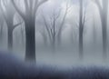 atmospheric abstract paining of a winter forest with trees shrouded in mist and frozen ground.