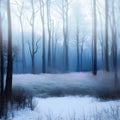 atmospheric abstract paining of a winter forest with trees shrouded in mist and snow covered ground.