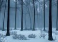 atmospheric abstract paining of a winter forest with trees shrouded in mist and snow covered ground.