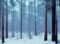 atmospheric abstract paining of a winter forest with trees shrouded in mist and snow covered ground.