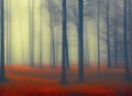 atmospheric abstract painting of a mysterious winter forest with trees shrouded in mist and orange ground with dawn light.