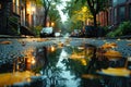 Atmospheric aftermath Urban street with glistening puddles post rainstorm