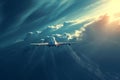 Atmospheric Airplane flies clouds travel. Generate Ai Royalty Free Stock Photo