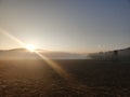 Atmospheric autumn morning with fog patches over field at sunrise