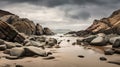 Atmospheric Beachscape: Sharp Boulders And Overcast Sky