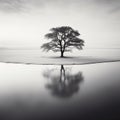 Atmospheric black and white landscape featuring a solitary tree reflected in the lake. AI-generated.