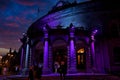 Atmospheric Blue and Purple Floodlights Illuminate the Corn Exchange in Leeds.