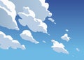 Atmospheric blue sky, white cumulus clouds. Cartoon style.