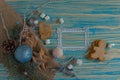 Atmospheric Christmas composition, gingerbread cookies, sweets, cinnamon, blue wooden background, copy space Royalty Free Stock Photo