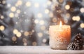 Atmospheric Christmas window sill decoration with white candle burning